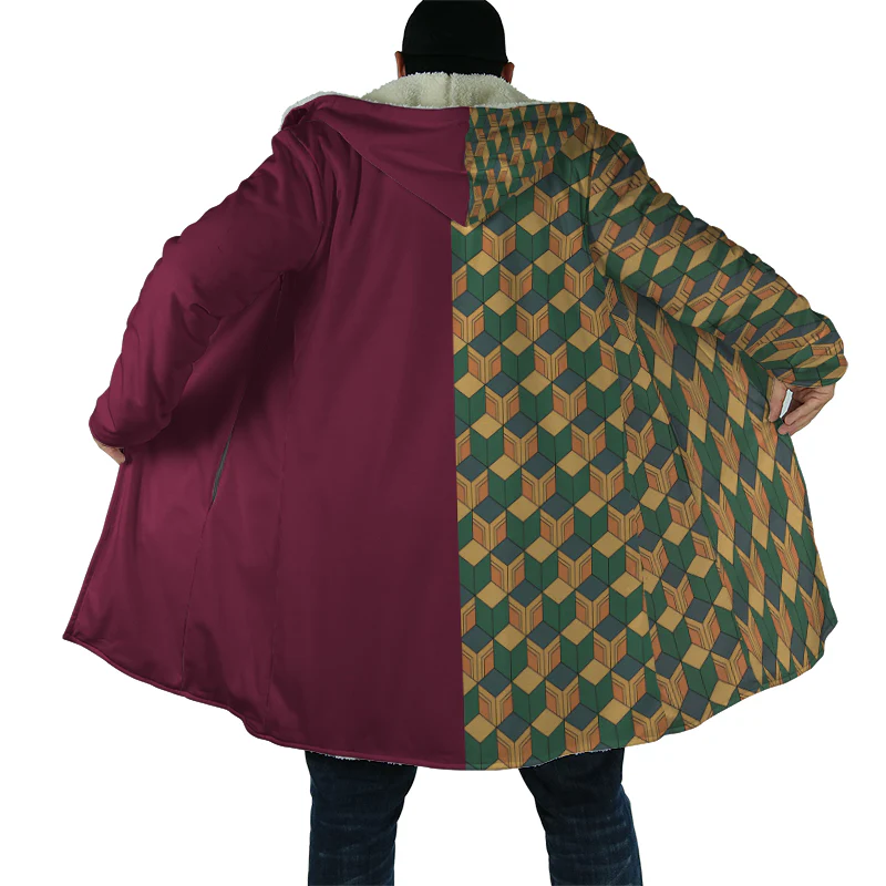 Demon Slayer Water Pillar Overlap Checkered Pattern Fleece Hooded Cloak Coat