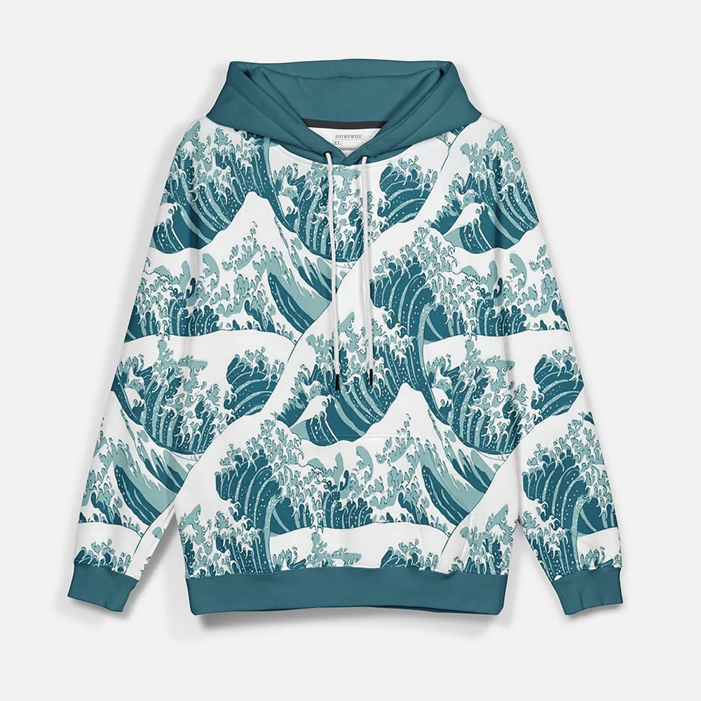 The Great Wave off Kanagawa Brushed Pattern Pullover Hoodie