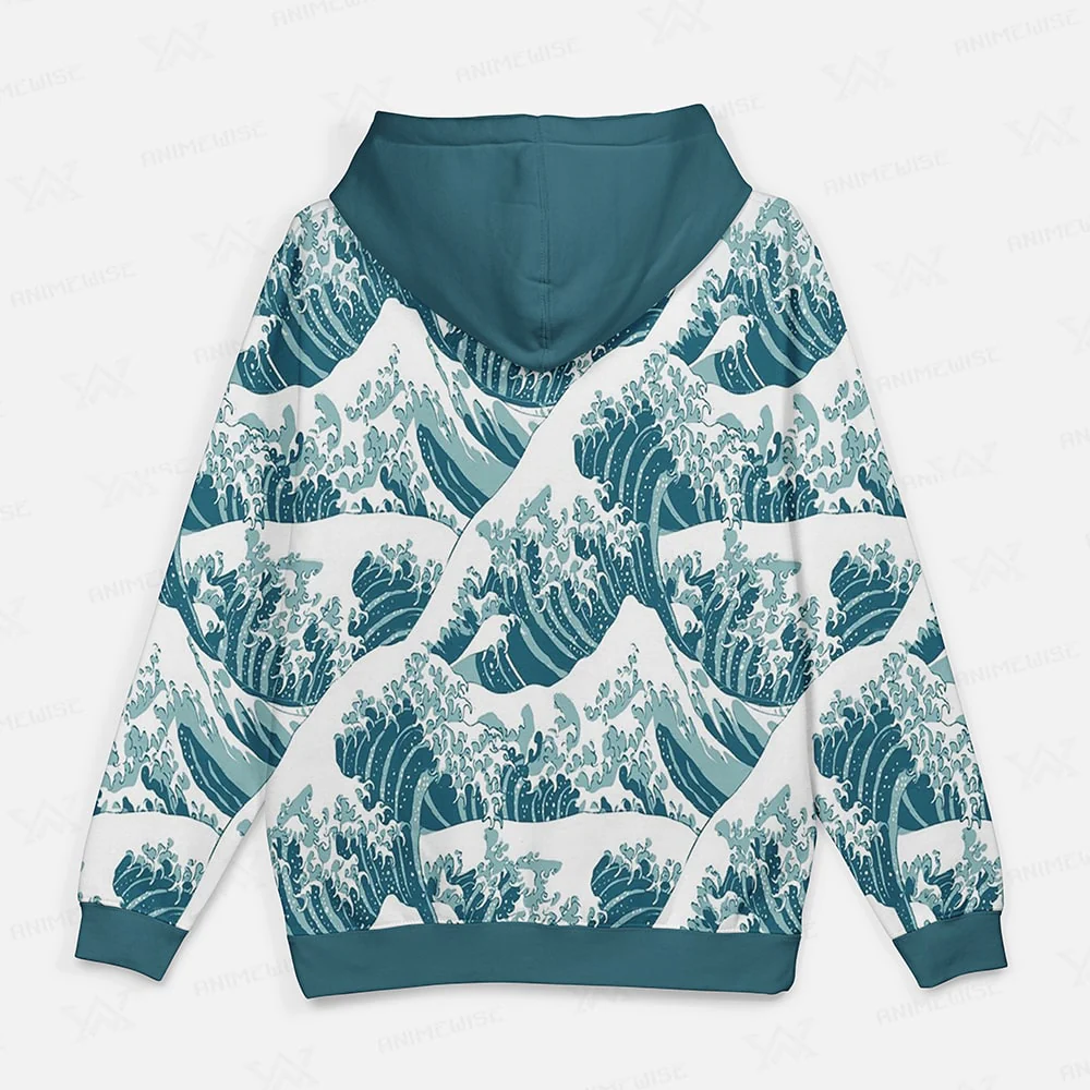 The Great Wave off Kanagawa Brushed Pattern Pullover Hoodie