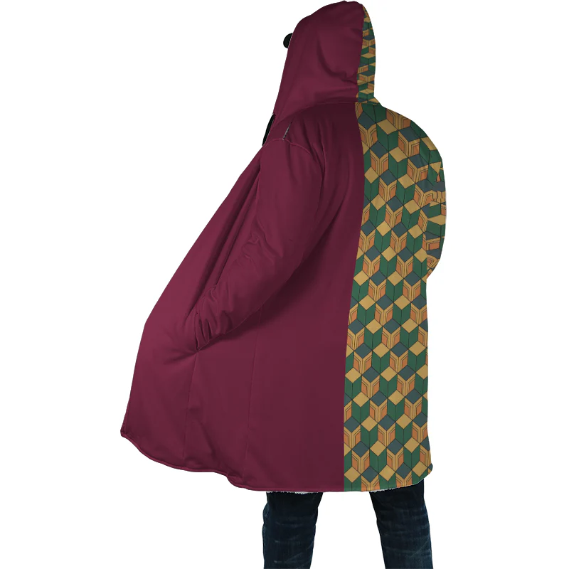 Demon Slayer Water Pillar Overlap Checkered Pattern Fleece Hooded Cloak Coat