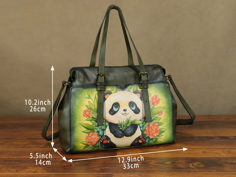 Genuine Leather Shoulder Bag Tote Bag for Women Hand Painted Panda Personalized Custom Pattern Handmade Crossbody Handbag Satchel Purse
