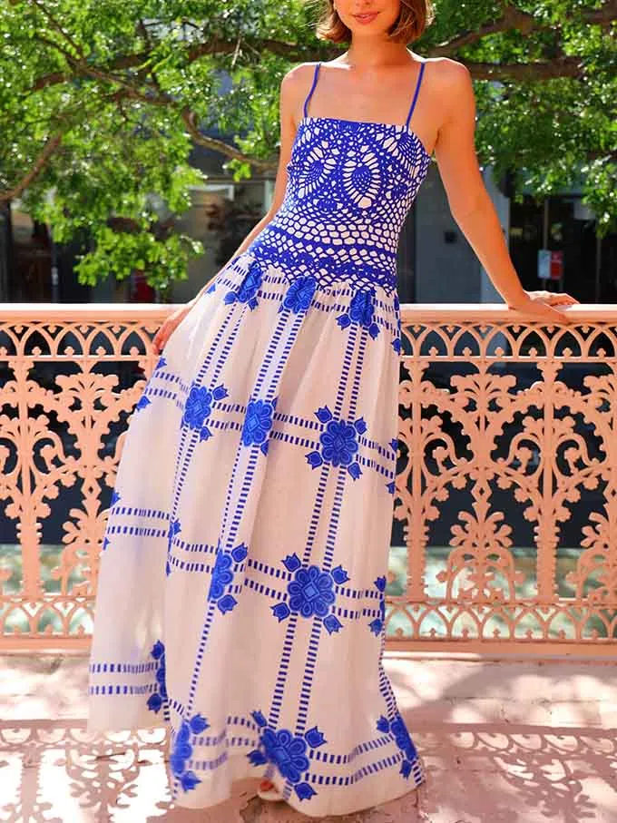 Unique Painted Crochet Floral Print Midi Dress