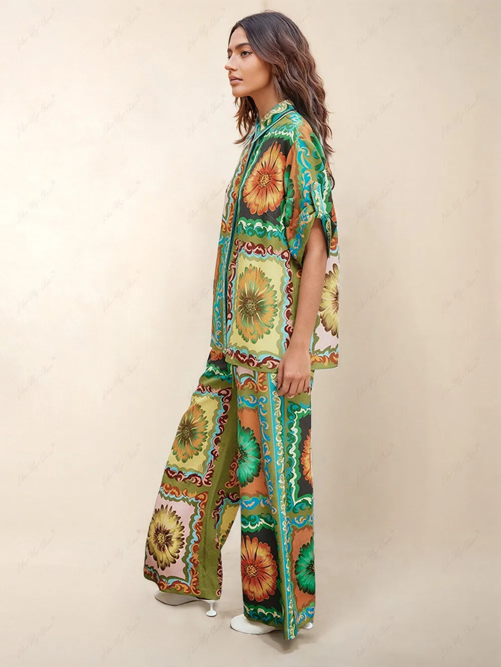 Unique Sunflower Print Wide Leg Pants