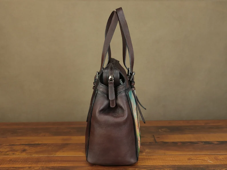 Genuine Leather Tote Bag Shoulder Bag for Women Hand Painted Flower Personalized Custom Pattern Crossbody Bag Handbag Satchel Purse Gifts