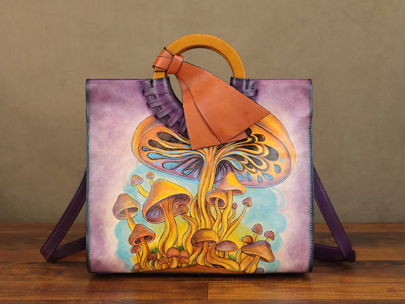 Genuine Leather Handbag for Women Hand Painted Mushroom Personalized Custom Pattern Handmade Tote Bag Crossbody Shoulder Bag Satchel Purse