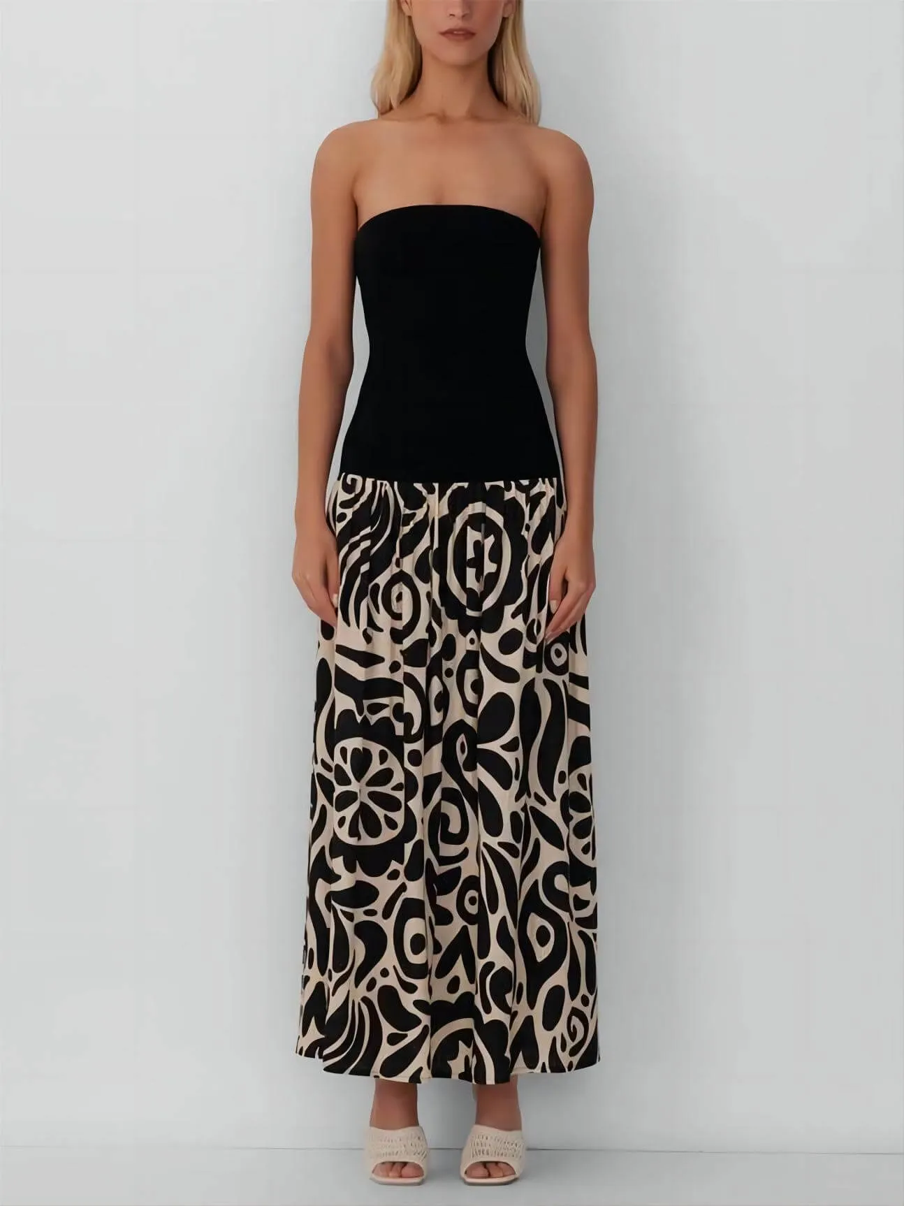 Fashionable Strapless Floral Print Midi Dress