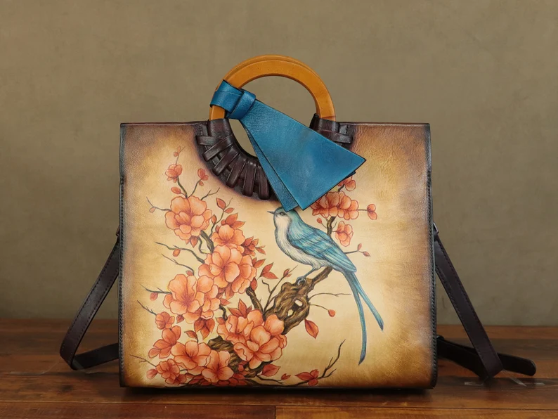 Genuine Leather Handbag for Women Hand Painted Bird Animal Personalized Custom Pattern Handmade Crossbody Bag Shoulder Bag Satchel Purse
