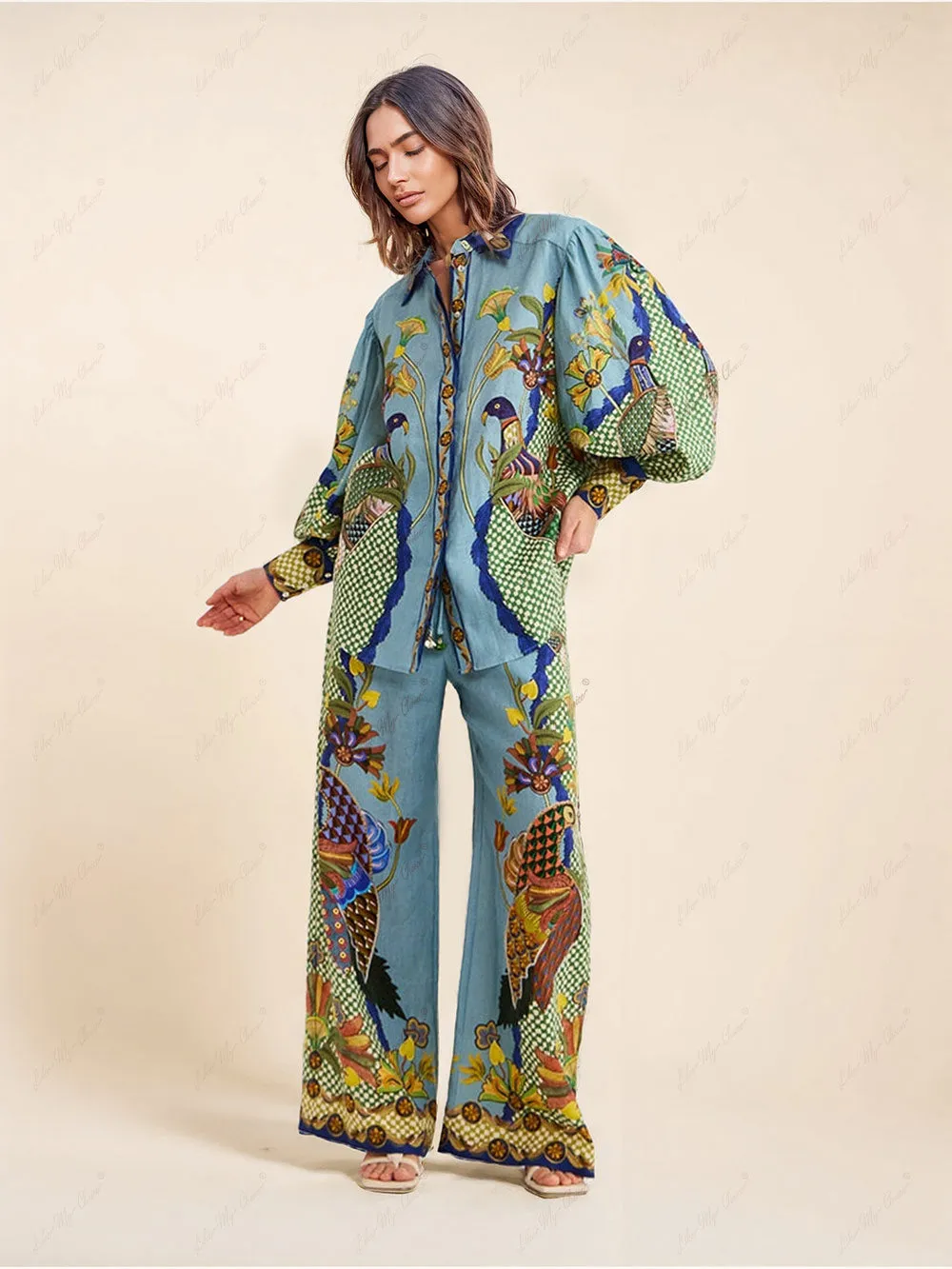 Unique Printed Puff Sleeve Holiday Casual Lanyard Suit