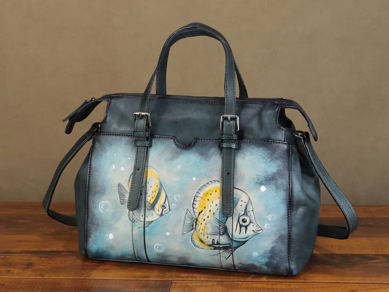 Genuine Leather Shoulder Bag Tote Bag for Women Hand Painted Fish Personalized Custom Pattern Handmade Crossbody Handbag Satchel Purse