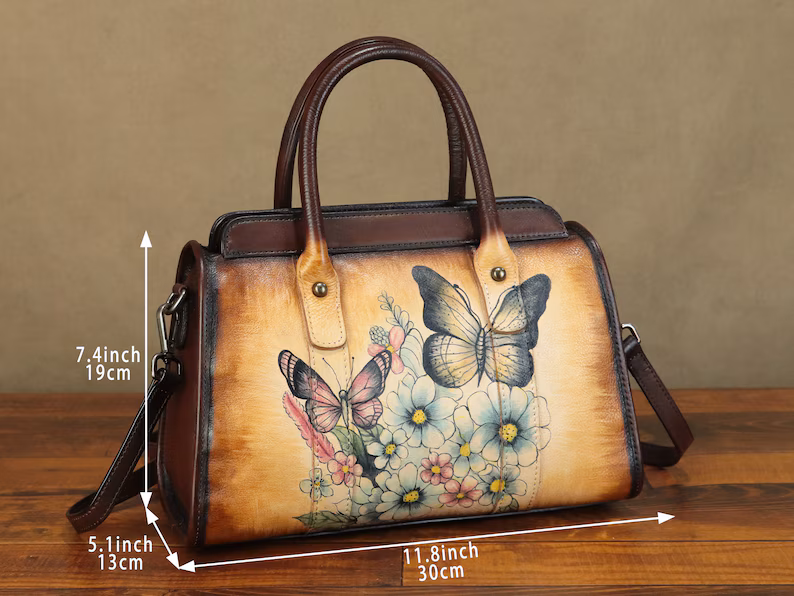 Genuine Leather Shoulder Bag Handbags for Women Hand Painted Butterfly Personalized Custom Pattern Fashion Crossbody Bag Art Satchel Purse