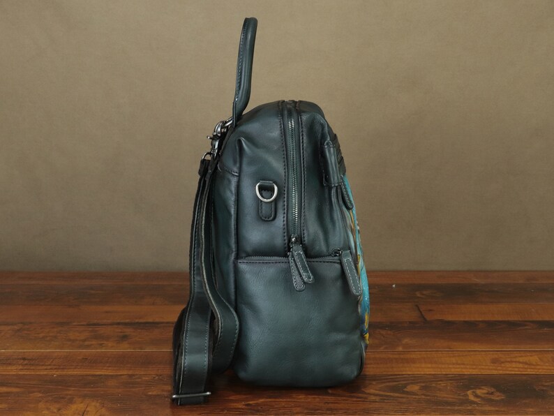 Genuine Leather Backpack Purse for Women Hand Painted Vintage Daypack Knapsack Handmade Rucksack Convertible Shoulder Bag Personalization