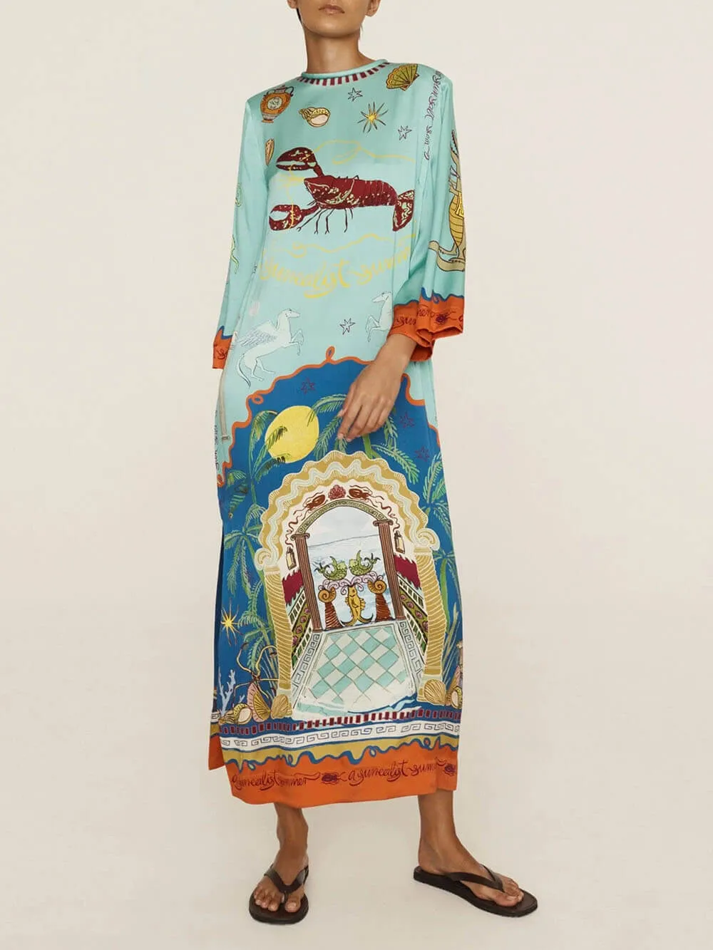 Exquisite Satin Unique Print Long-sleeve Tie-waist Slit Maxi Dress