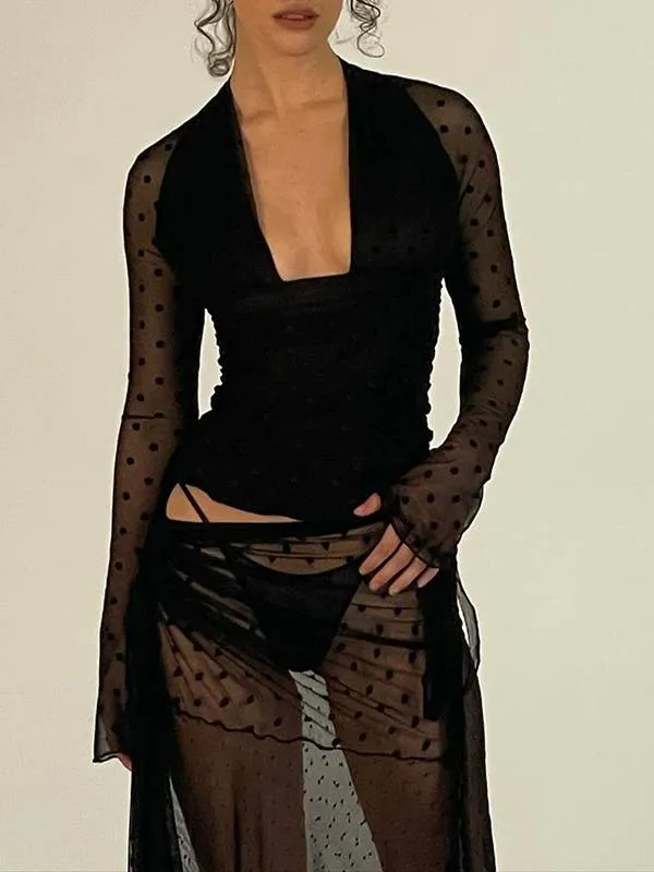 Polka Dot Lace See-Through Top T-Shirt