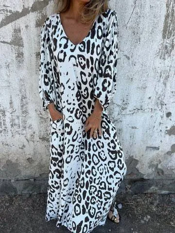 Leopard Print V-neck Pullover Long-sleeved Loose Dress