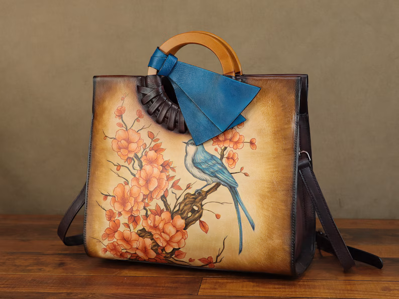 Genuine Leather Handbag for Women Hand Painted Bird Animal Personalized Custom Pattern Handmade Crossbody Bag Shoulder Bag Satchel Purse