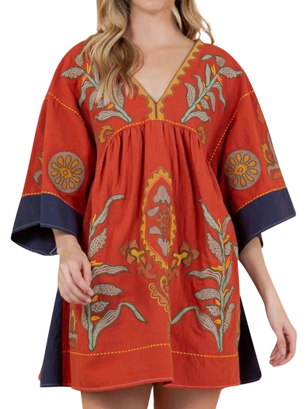 Boho Floral Print 3/4 Sleeve V-Neck A Line Swing Mini Dress