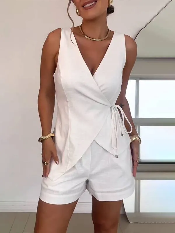 Lace-Up Vest And Shorts Two-Piece Set