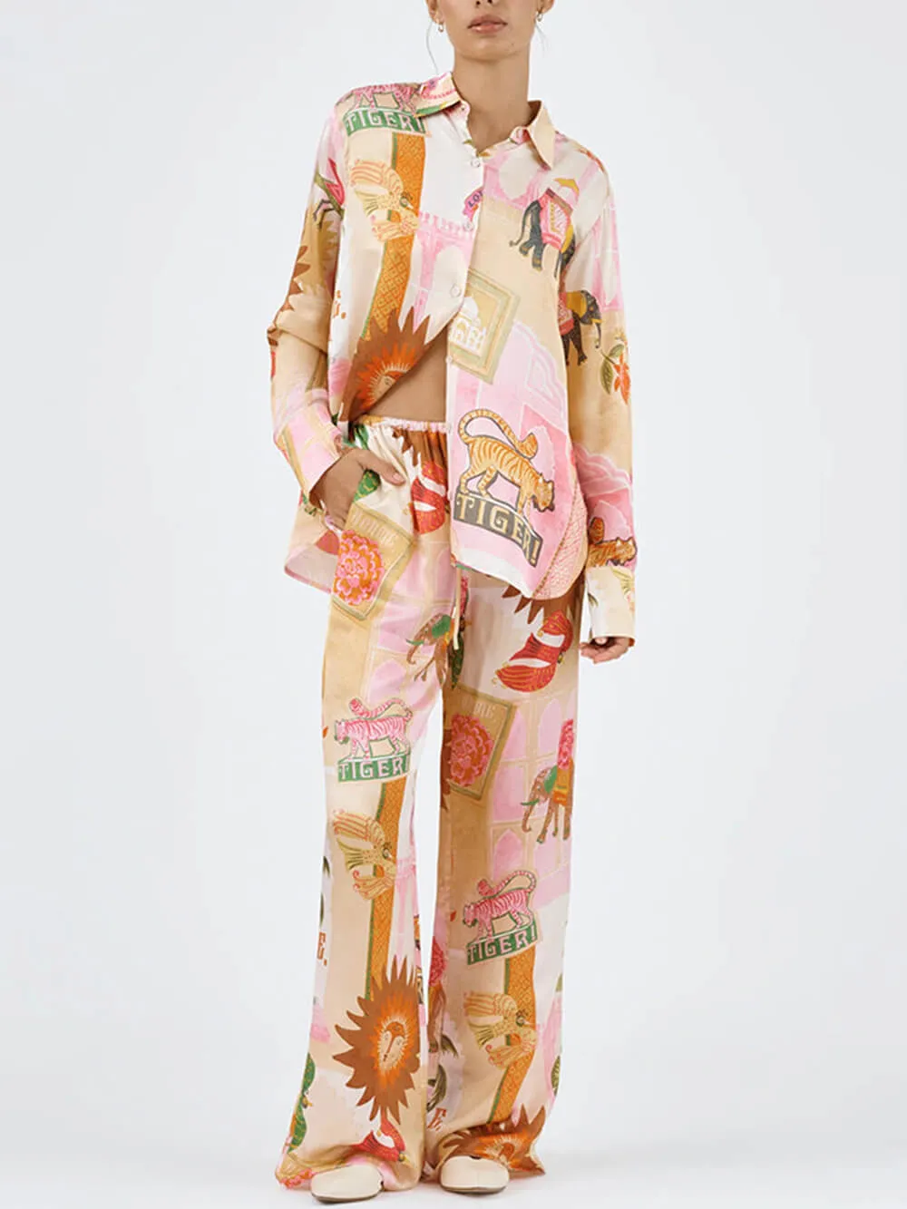 Unique Printed Casual Shirt Top and Elastic Waist Loose Pants Sets