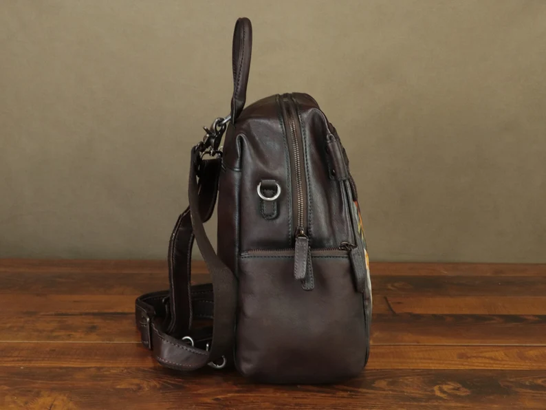 Genuine Leather Backpack Purse for Women Hand Painted Vintage Daypack Knapsack Handmade Rucksack Convertible Shoulder Bag Personalization