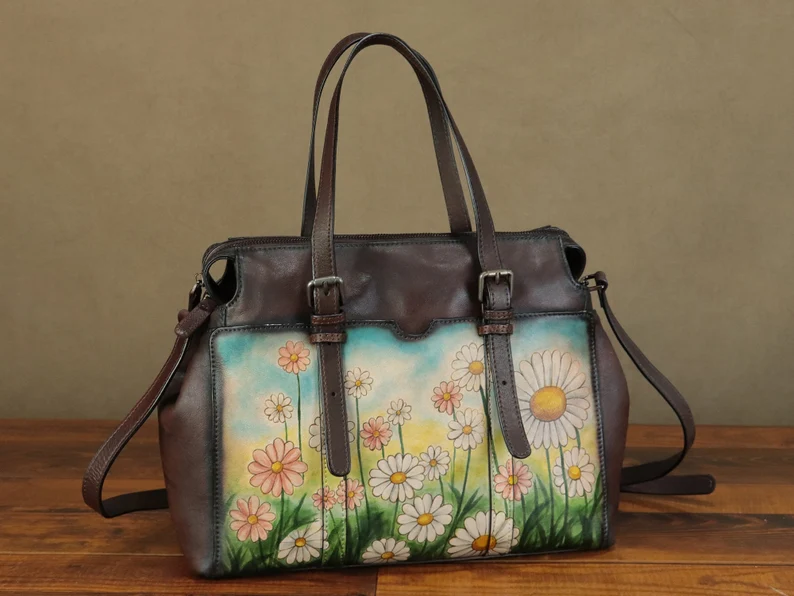 Genuine Leather Tote Bag Shoulder Bag for Women Hand Painted Flower Personalized Custom Pattern Crossbody Bag Handbag Satchel Purse Gifts
