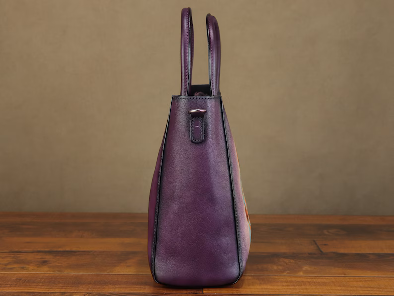 Genuine Leather Handbag for Women Vintage Handmade Hand Painted Mushroom Personalized Custom Pattern Crossbody Shoulder Bag Satchel Purse