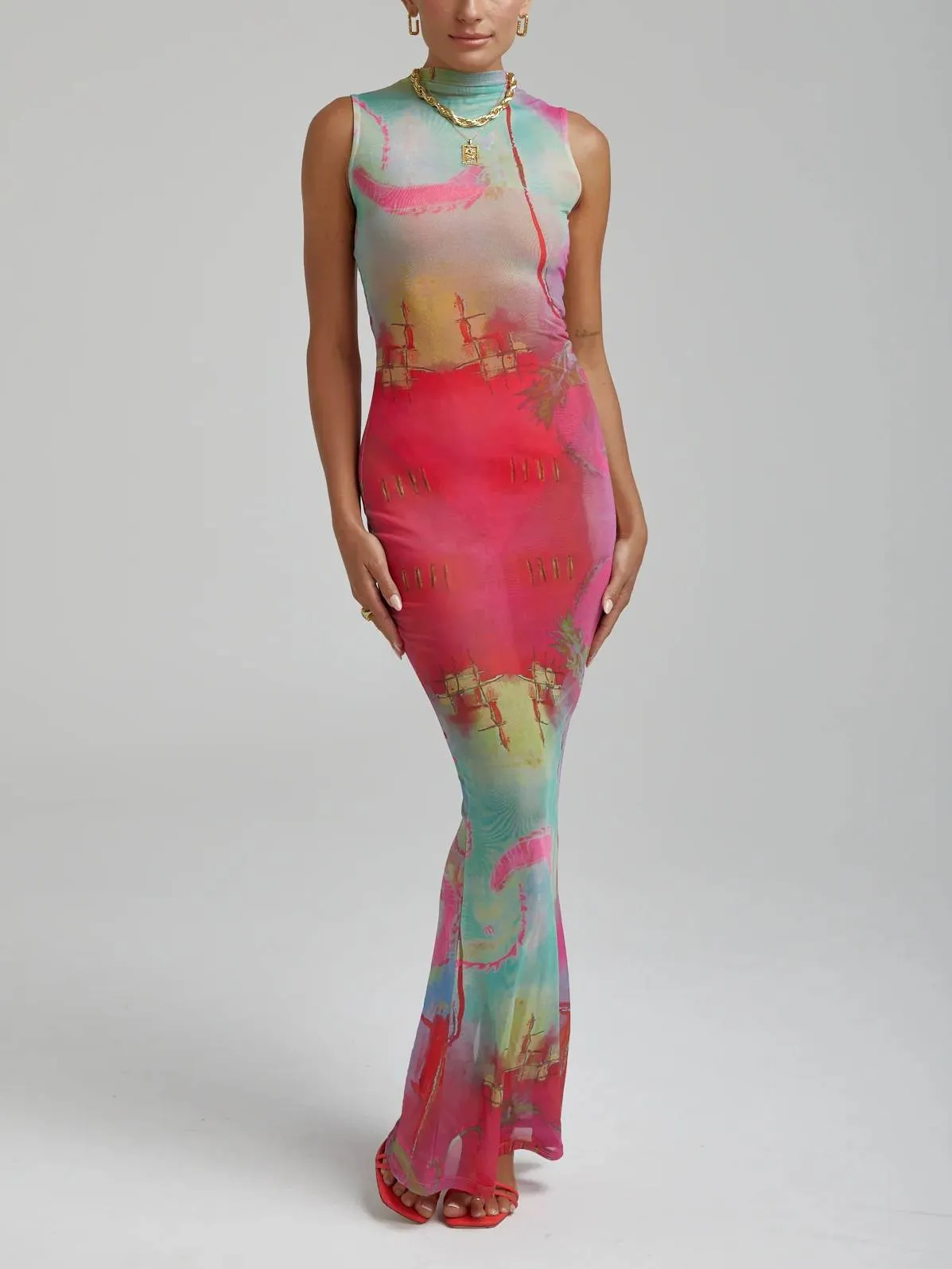 Unique Printed Sleeveless Slim-Fit Long Dress