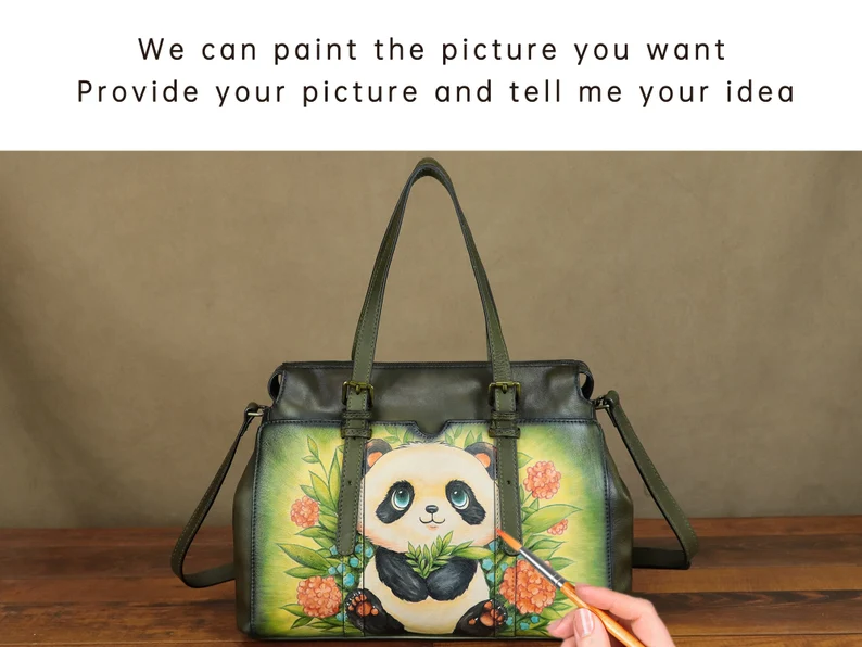 Genuine Leather Shoulder Bag Tote Bag for Women Hand Painted Panda Personalized Custom Pattern Handmade Crossbody Handbag Satchel Purse