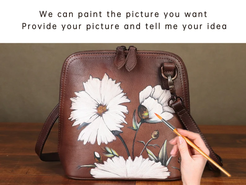 Genuine Leather Crossbody Bag for Women Vintage Hand Painted Style Handmade Satchels Small Purses Personalization Satchel Handbag