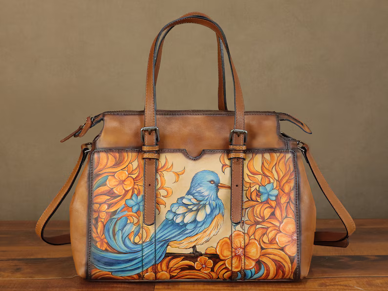 Genuine Leather Shoulder Bag Tote Bag for Women Hand Painted Bird Animal Personalized Custom Pattern Crossbody Handbag Satchel Purse