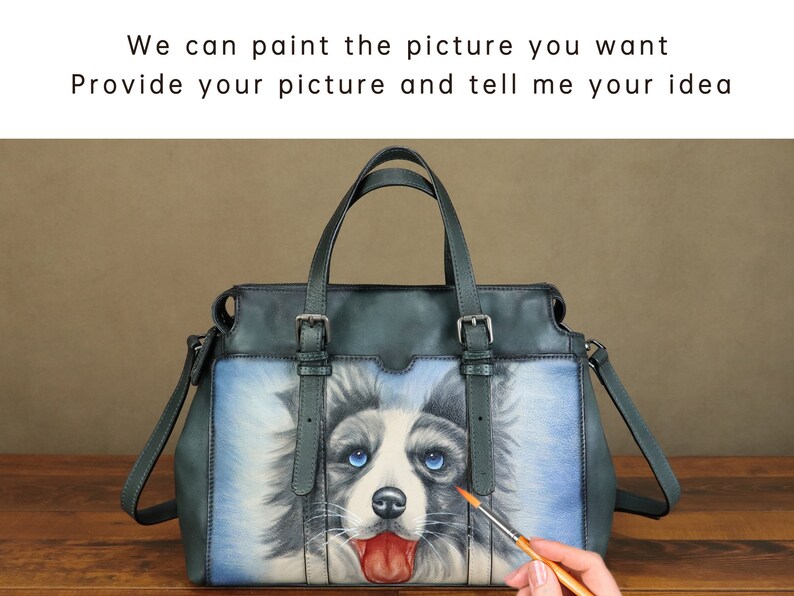 Genuine Leather Shoulder Bag Tote Bag for Women Hand Painted Dog Animal Personalized Custom Pattern Handmade Crossbody Handbag Satchel Purse