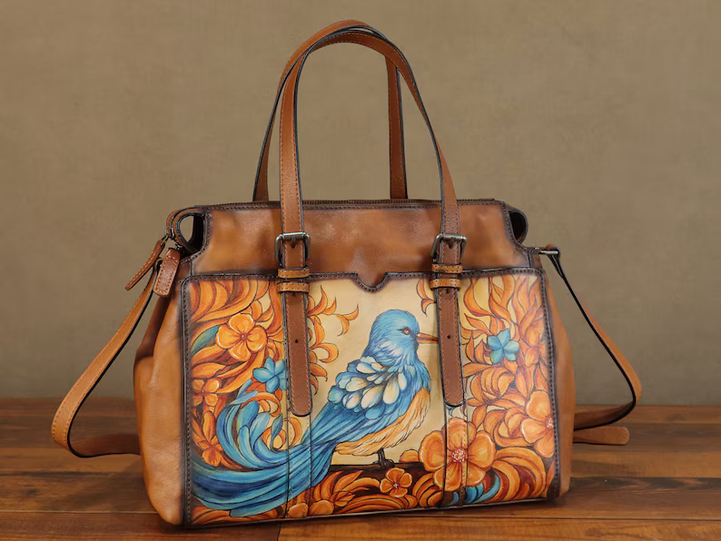 Genuine Leather Shoulder Bag Tote Bag for Women Hand Painted Bird Animal Personalized Custom Pattern Crossbody Handbag Satchel Purse