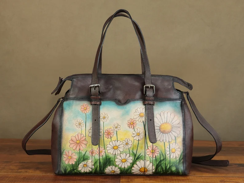 Genuine Leather Tote Bag Shoulder Bag for Women Hand Painted Flower Personalized Custom Pattern Crossbody Bag Handbag Satchel Purse Gifts