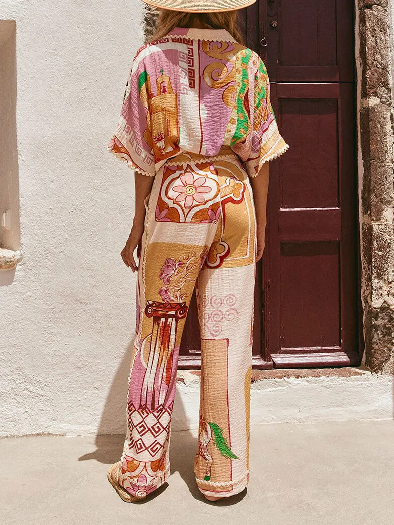 Casual Retro Print Lace Trim Pocket Wide Leg Pants