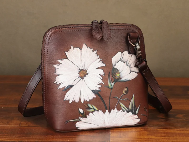 Genuine Leather Crossbody Bag for Women Vintage Hand Painted Style Handmade Satchels Small Purses Personalization Satchel Handbag