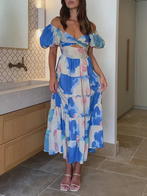 Sweet Blooming Floral Print Puff Sleeve Midi Dress