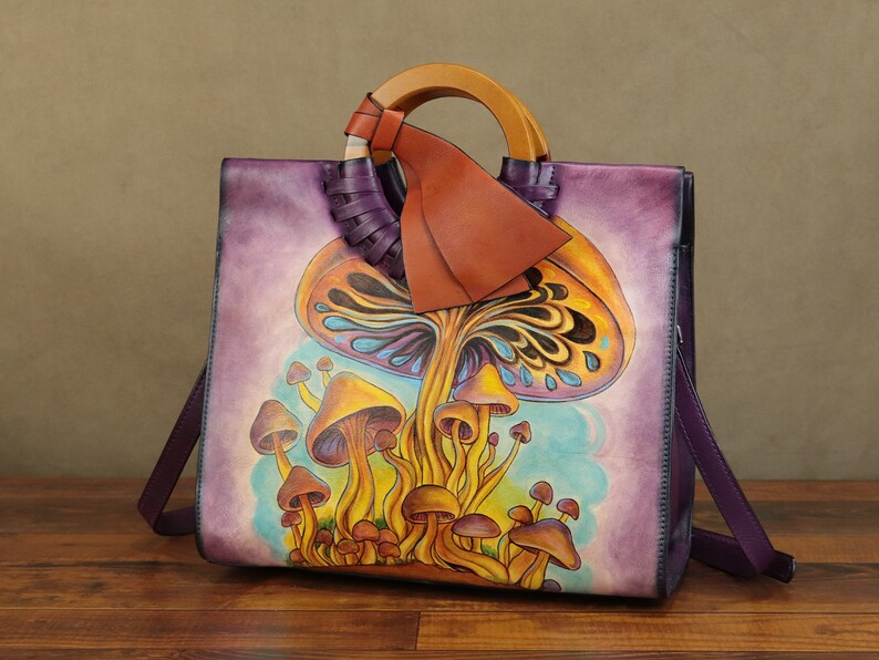 Genuine Leather Handbag for Women Hand Painted Mushroom Personalized Custom Pattern Handmade Tote Bag Crossbody Shoulder Bag Satchel Purse