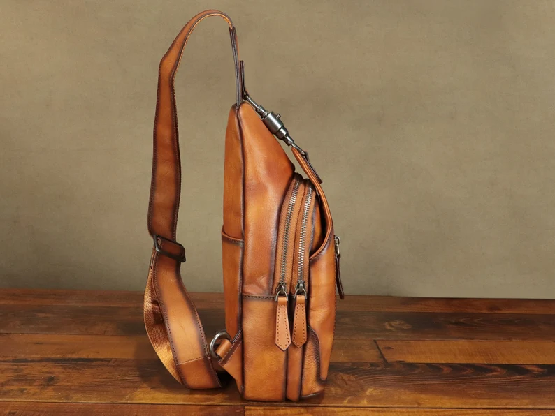 Genuine Leather Sling Bag for Men and Women Vintage Handmade Chest Bag Crossbody Bag Fashion  Shoulder Bag Sling Backpack Purses for Gifts