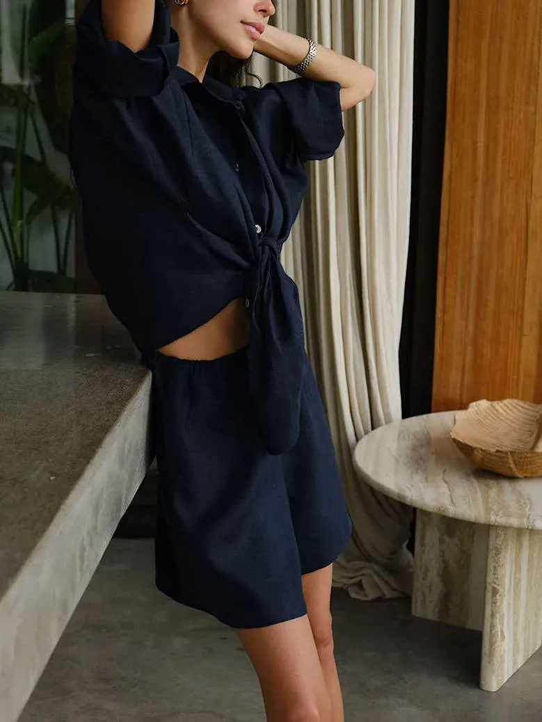 Casual Loose Long Sleeve Shirt And Shorts Suit