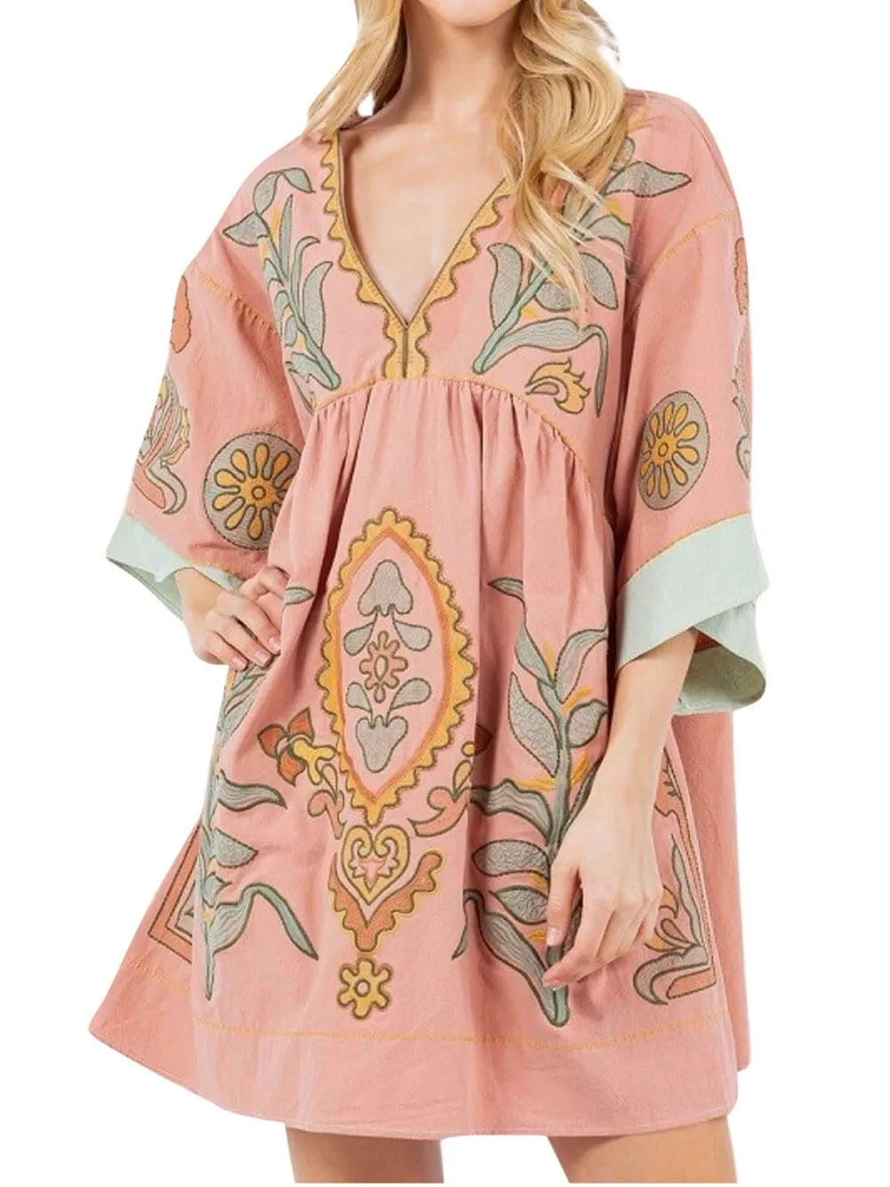Boho Floral Print 3/4 Sleeve V-Neck A Line Swing Mini Dress