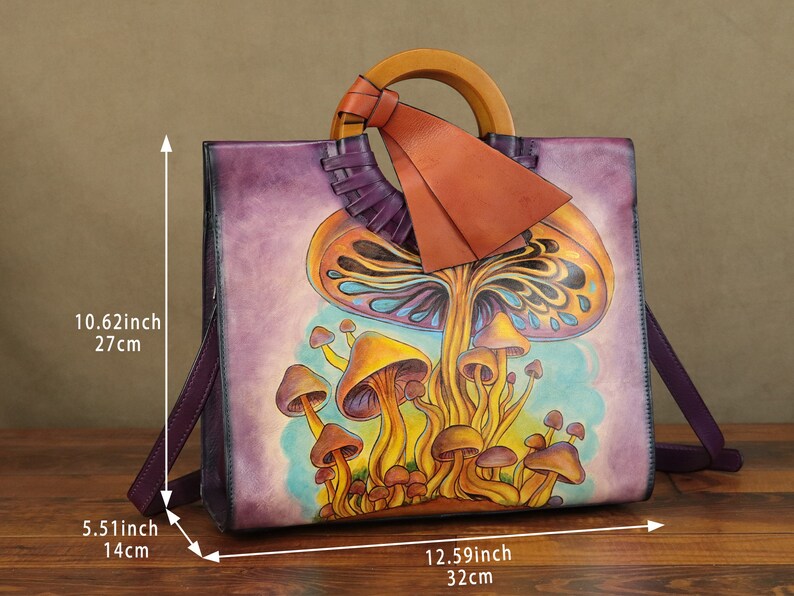 Genuine Leather Handbag for Women Hand Painted Mushroom Personalized Custom Pattern Handmade Tote Bag Crossbody Shoulder Bag Satchel Purse