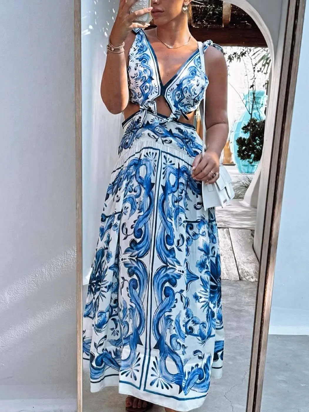 Printed Lace-Up Midi Dress