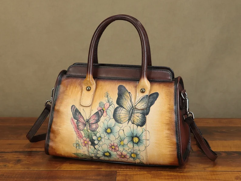 Genuine Leather Shoulder Bag Handbags for Women Hand Painted Butterfly Personalized Custom Pattern Fashion Crossbody Bag Art Satchel Purse
