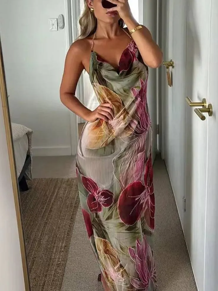 Halter Neck Backless High Slit Printed Dress