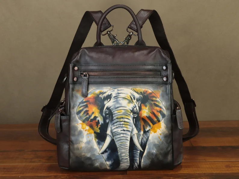 Genuine Leather Backpack Purse for Women Hand Painted Vintage Daypack Knapsack Handmade Rucksack Convertible Shoulder Bag Personalization