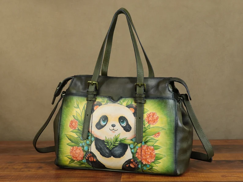 Genuine Leather Shoulder Bag Tote Bag for Women Hand Painted Panda Personalized Custom Pattern Handmade Crossbody Handbag Satchel Purse