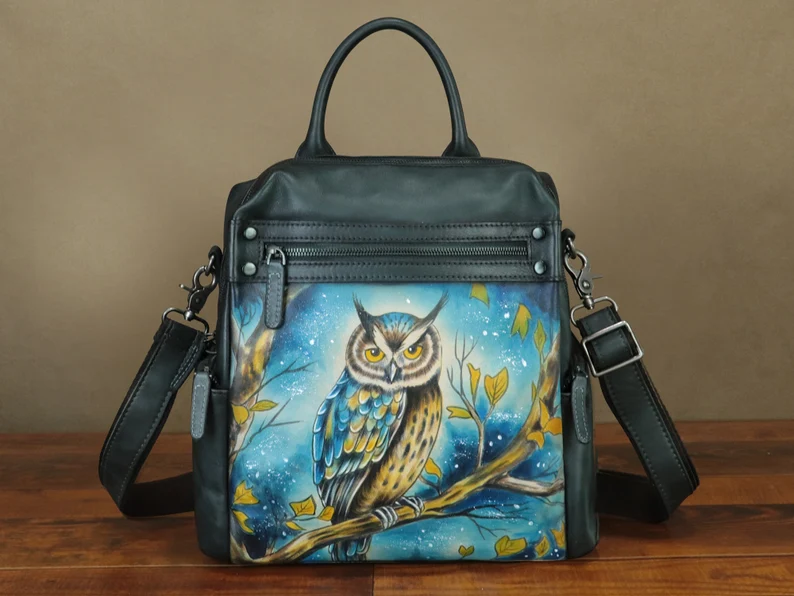Genuine Leather Backpack Purse for Women Hand Painted Vintage Daypack Knapsack Handmade Rucksack Convertible Shoulder Bag Personalization