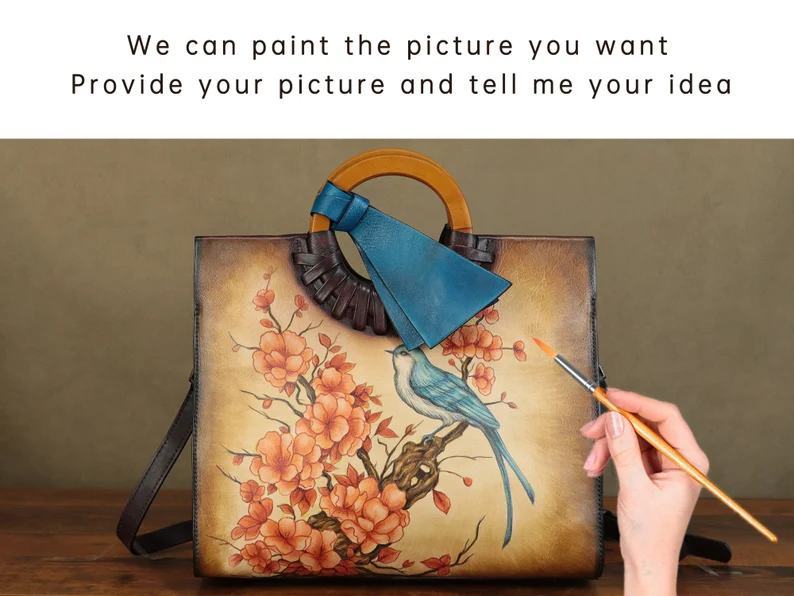 Genuine Leather Handbag for Women Hand Painted Bird Animal Personalized Custom Pattern Handmade Crossbody Bag Shoulder Bag Satchel Purse
