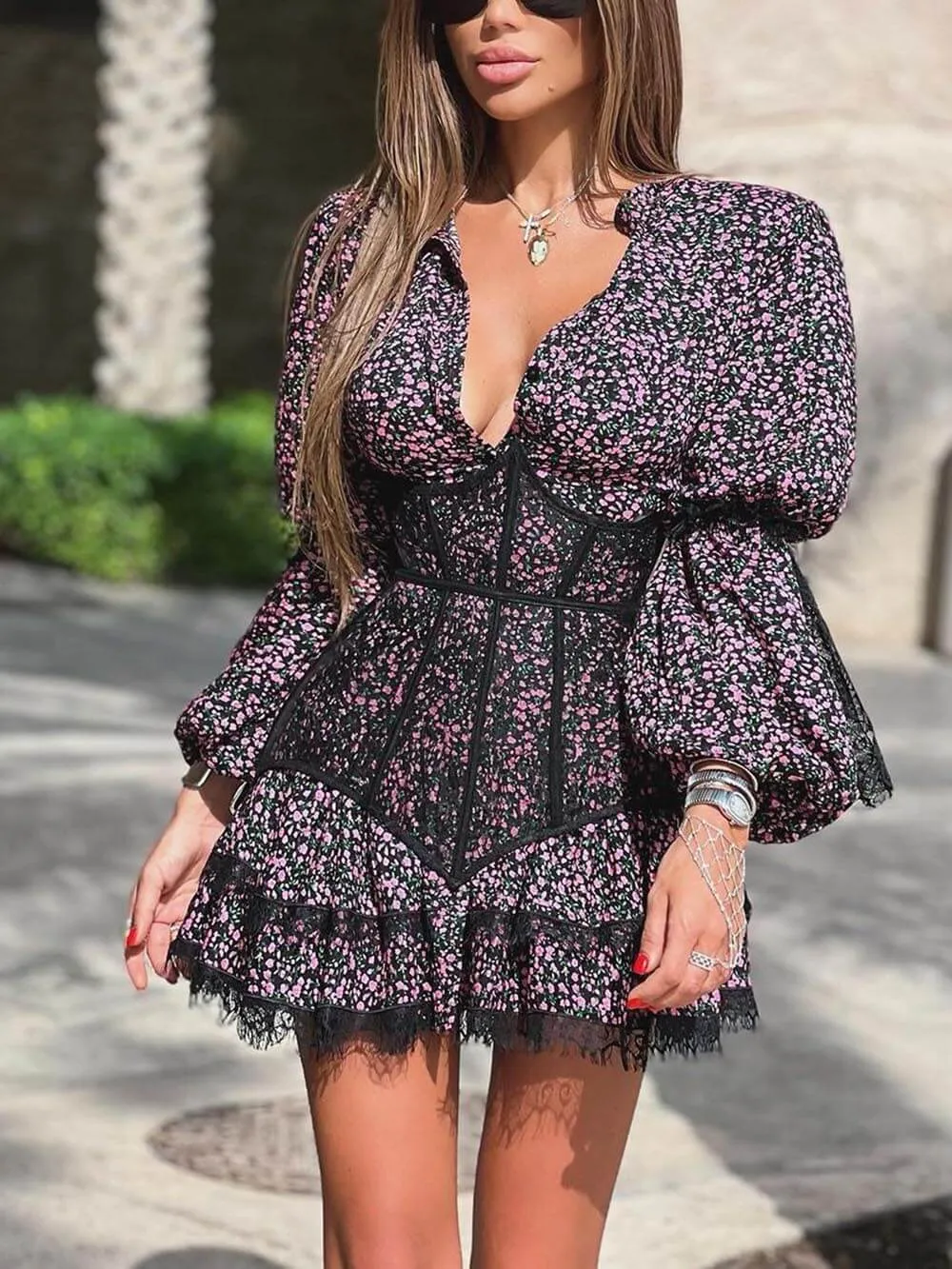 Sweet Floral Print Waisted Long Sleeve Lace Mini Dress