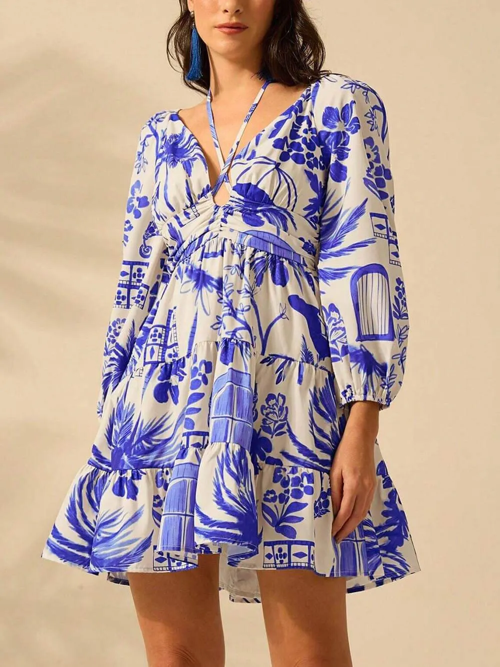 Fashionable And Versatile Flower Bouquet Print Lantern Sleeve Tie Dress