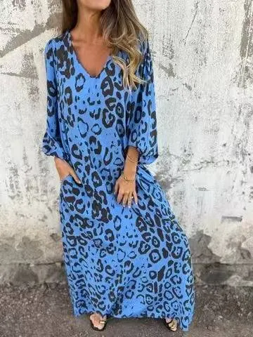 Leopard Print V-neck Pullover Long-sleeved Loose Dress